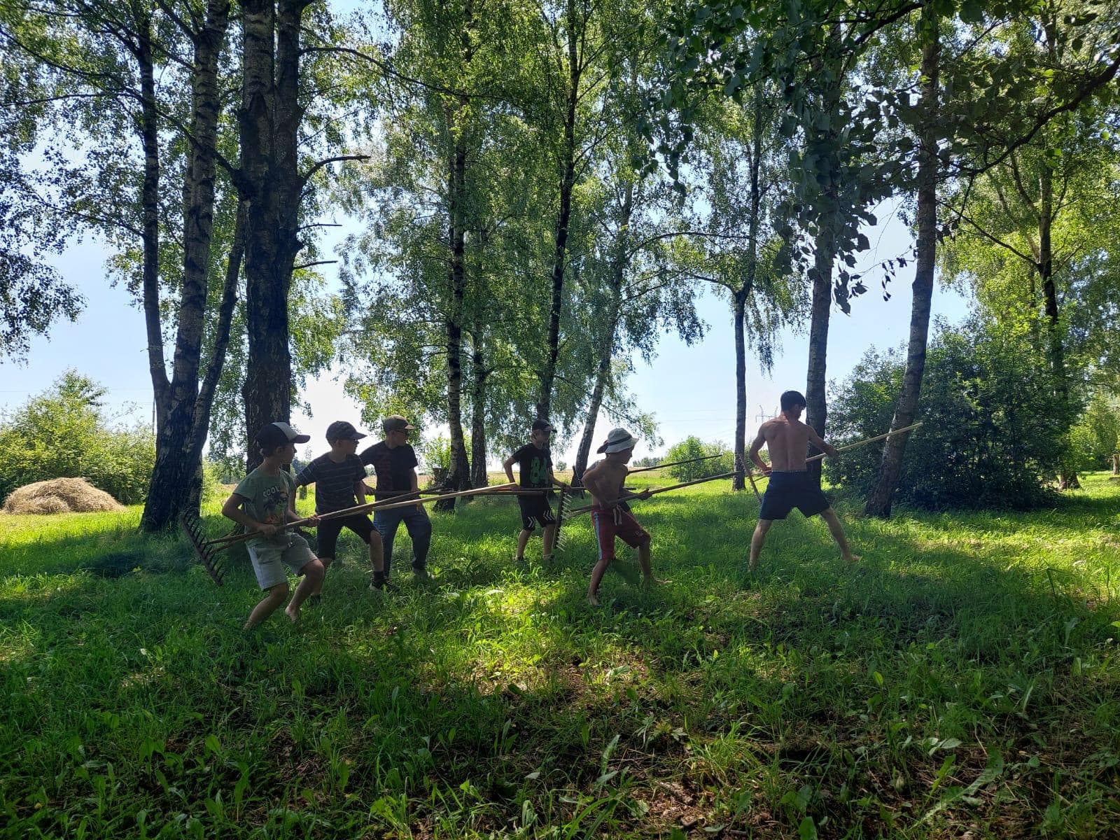 Děti společně nesou kládu v letním lese při venkovní akci